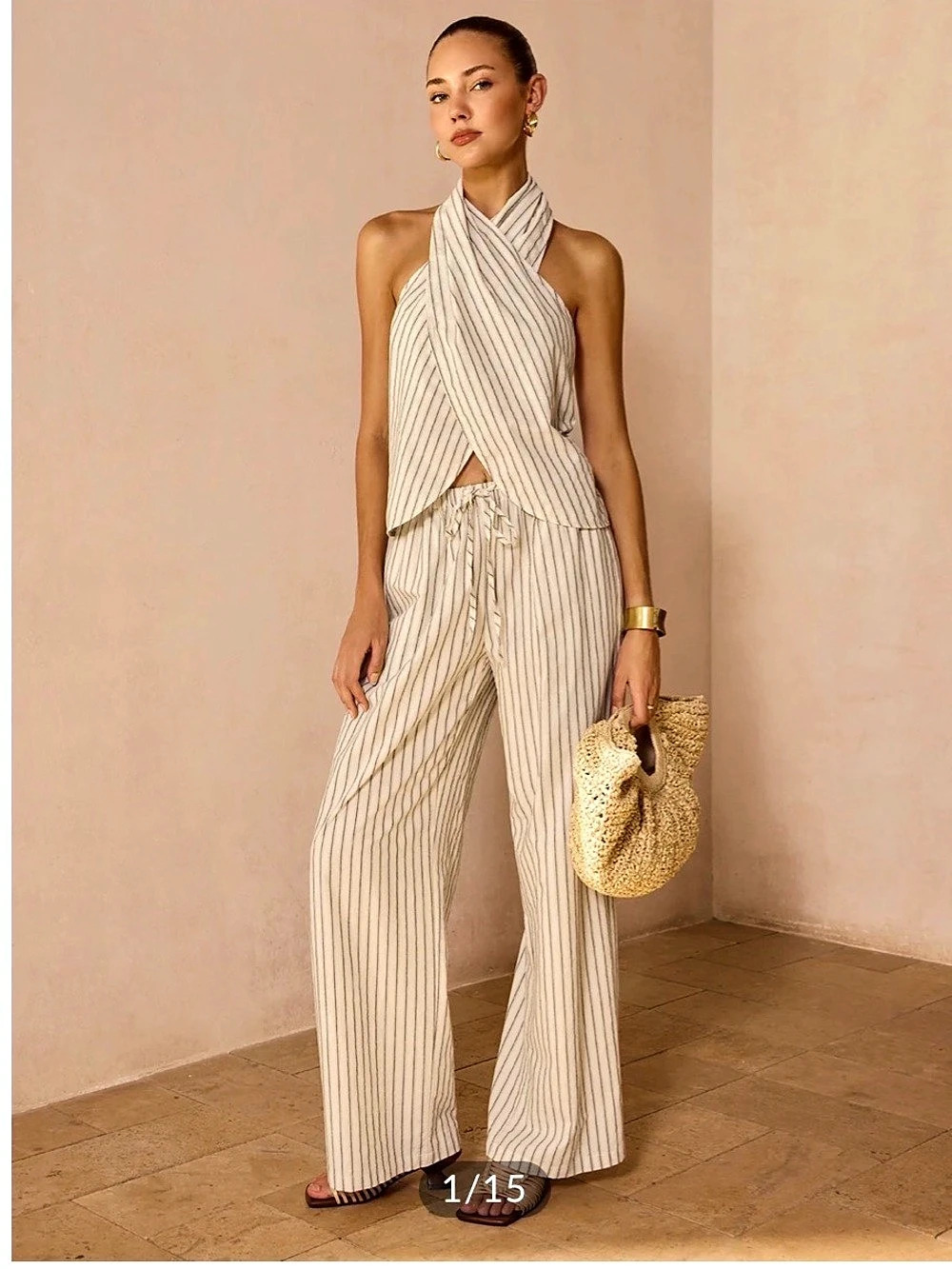 Commense Striped Cotton Linen Halter Top & Pants Set White Medium NWT